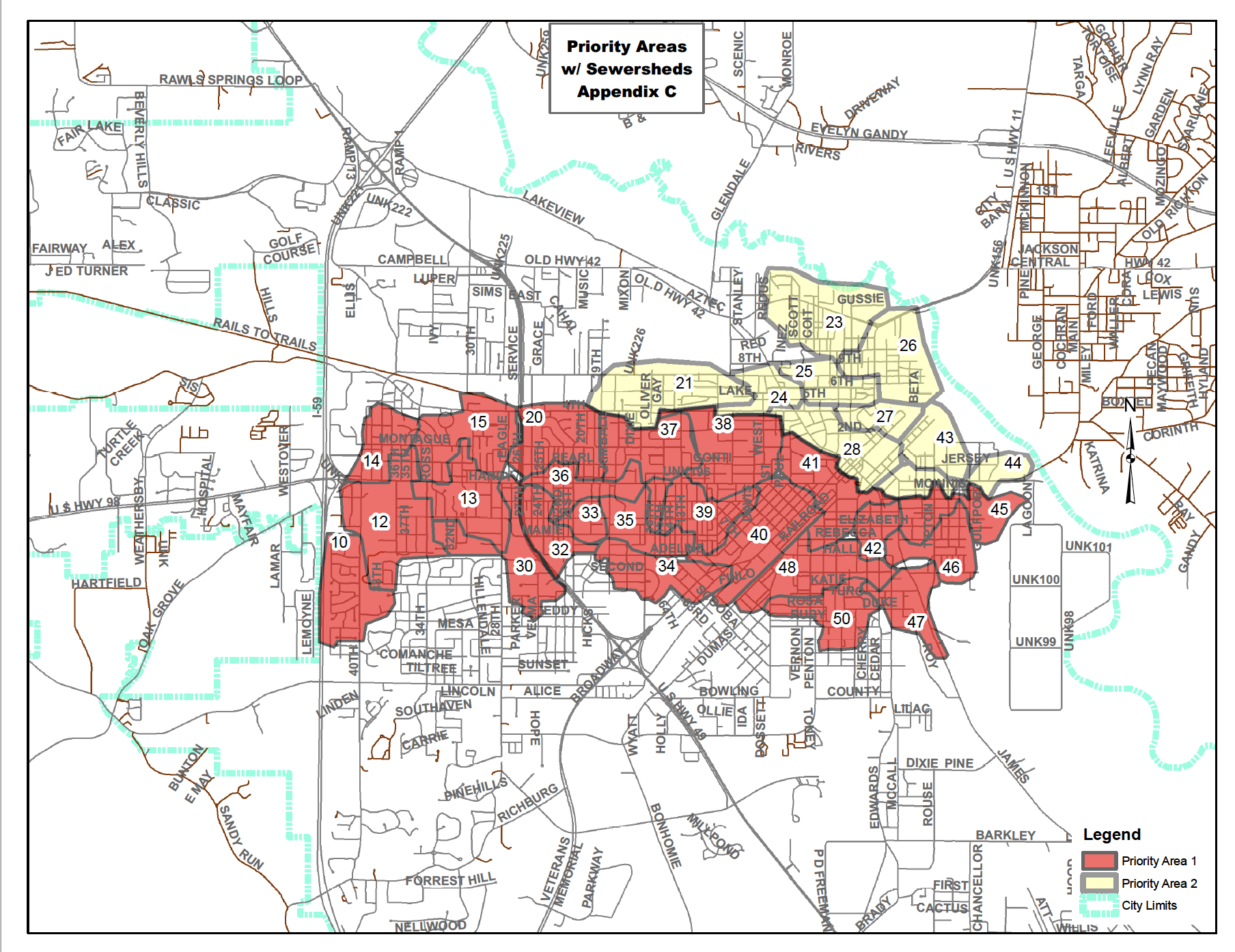 Thirty-two sewer basins across two priority areas. 