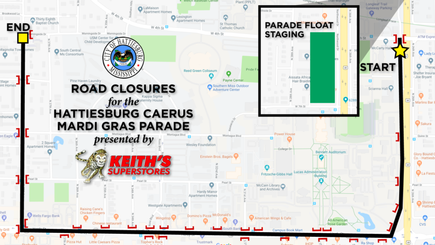 Hattiesburg Caerus Mardi Gras Parade Road Closures, Times & Weather Statement